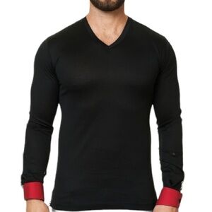 Maceoo Edison men’s black red accent cuff long sleeve v-neck tee size 2/S